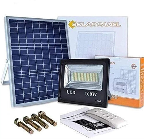 JUDYSSY Led Floodlight 100W Led Solar Flood Lights setup includes solar panel, LED light, remote, and mounting bolts.