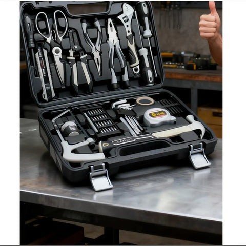 Portable Mechanics Tool Kit Set With Clear Organized Plastic Toolbox Storage Case for home garage and apartment DIY projects.