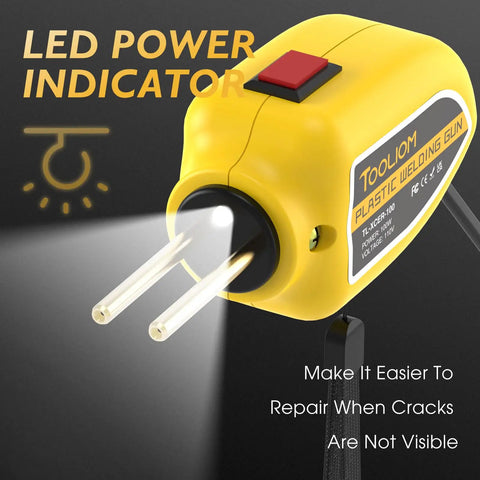 Close-up of 100W Plastic Welder Hot Stapler Kit with LED power indicator for car bumper crack repair and kayak dents.