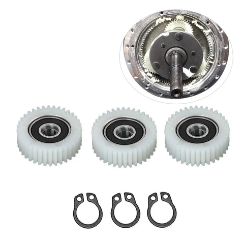 Electric Bike Motor Gear Kit With 36T Nylon Planetary Reduction Gears 38mm 3 Pieces shown with gear housing and clips.