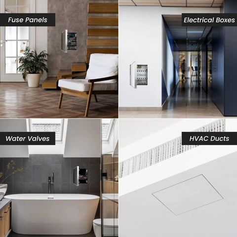 Solid Build 12X12 Inch Drywall Access Panel With Tough Aluminum Frame visible for fuse panels, water valves, HVAC ducts, and electrical boxes.