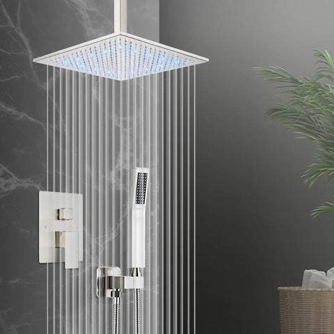 12 Inch LED Square Showerhead Kit With Handheld Spray, High Pressure Rain System, SUS304 Stainless Steel, Brushed Nickel Finish