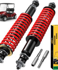 Heavy Duty Coil Spring Shock Absorbers For Ezgo Txt And Medalist Golf Carts 1994 Onward close-up of red shocks and mounting hardware