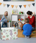 Large Rectangular Storage Basket For Organizing Home Clutter, Waterproof Fabric Bin With Trendy Pattern, Collapsible Laundry Hamper in playroom.