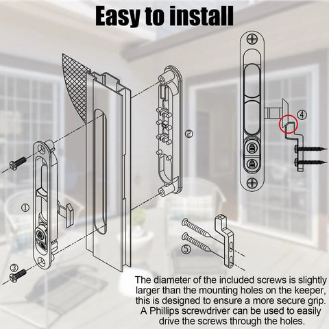 Exploded diagram of Replacement Sliding Screen Door Handle And Latch With Keeper In Black Zinc Alloy, installation details visible.