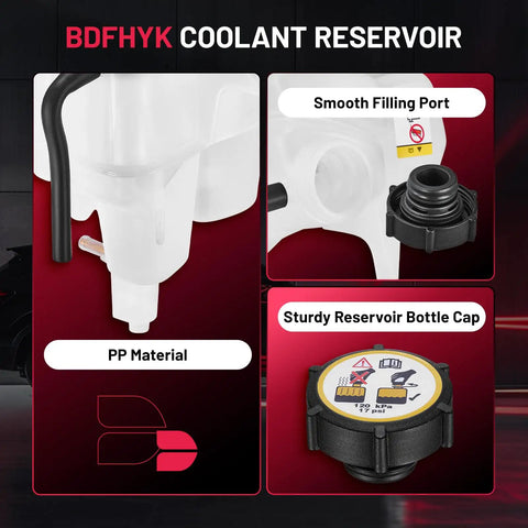 Keep Your Engine Chillin Tight With This Heavy Duty Coolant Expansion Reservoir Overflow Tank For Ford Escape Mazda Tribute Mercury Mariner V6 Three Point Zero Liter Vehicles with PP material and sturdy bottle cap.
