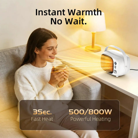Woman enjoying hot beverage with Two Speed Portable Space Heater With Adjustable Settings, 800W Desk Heater For Indoor Use nearby