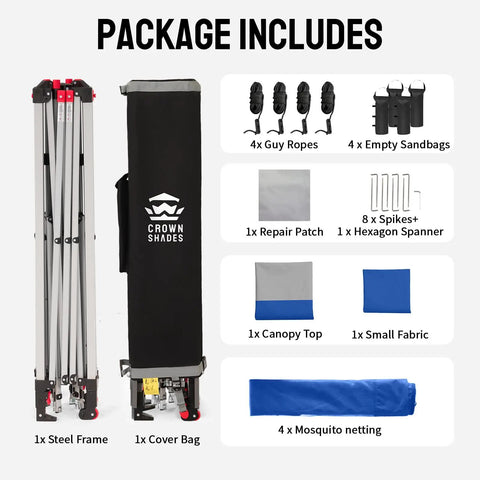 13x13 Pop Up Gazebo Canopy Tent For Backyard And Patio Easy One Push Center Lock Setup No Hassle In Seconds Large Space Party Shelter With Wheeled STO NO GO Cover Bag Blue And Grey Outdoor Gazebo package contents with frame, cover bag, canopy top, ropes, and stakes.
