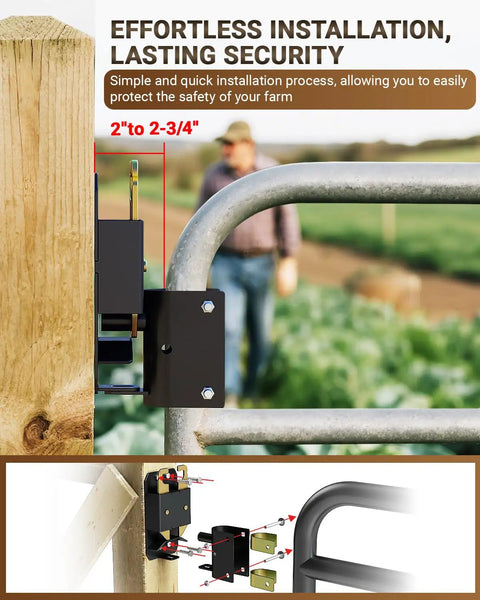 Heavy Duty Two Way Farm Gate Latch With Self Locking Nut And Matte Black Coating mounted on a wood post for easy installation and security.