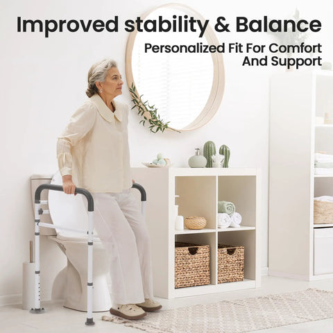 Rock Solid Toilet Safety Rails For Seniors With Dang Good Grip Handles And No Sweat Setup Bathroom Assist Frame aiding a senior in a bathroom.