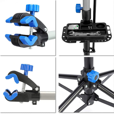 Heavy Duty Bike Repair Stand for Easy Home Maintenance showing adjustable clamp, tool tray, and sturdy base construction.