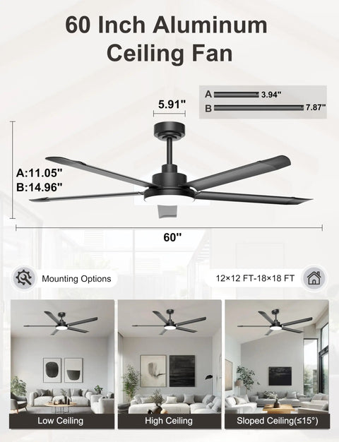 60 Inch Ceiling Fan With Lights 6800 CFM DC Motor Five Aluminum Blades Industrial Boss Look Black For Outdoor Patio And Living Room With Smart App And Remote Control Dimmable, dimensions and mounting options shown