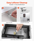 Easy cleanup steps for No Hassle Automatic Powder Filler And Bag Sealer, showing latch opening and brushing leftover powder.