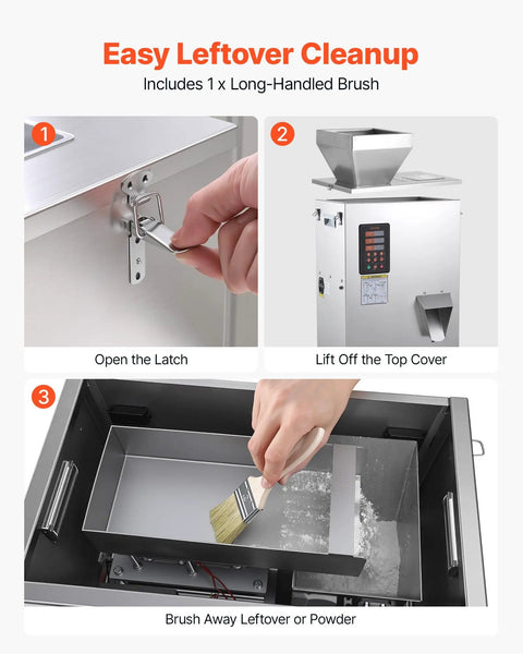 Easy cleanup steps for No Hassle Automatic Powder Filler And Bag Sealer, showing latch opening and brushing leftover powder.