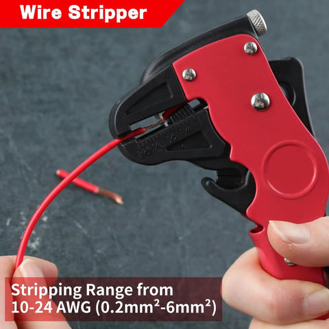2 In 1 Automatic Wire Stripper And Cutter Self Adjusting Tool For 10 24 AWG Cables in use stripping red wire