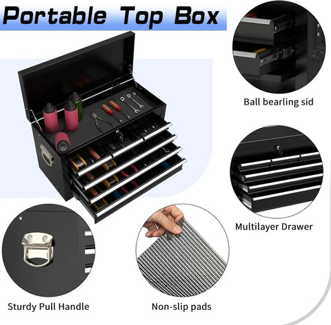 Beefy Eight Drawer Rolling Tool Chest With Lockable Wheels And 2 In 1 Portable Toolbox Organizer High Capacity Storage Cabinet For Garage And Workshop Top Layer And Bottom Cabinet With Hanging Hooks, black steel portable top box with drawers