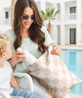 Mother and child by pool with Waterproof Wet Dry Bags Set Of 2 For Swimwear And Baby Clothes Leakproof Reusable Pouches