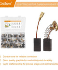 60 Pack Carbon Brushes Set For Power Tools Must Have 10 Size Assortment In Plastic Storage Box Replacement Parts For Electric Hammer Drills, Angle Grinders, Circular Table Saws And More displayed with focus on box and individual brush.