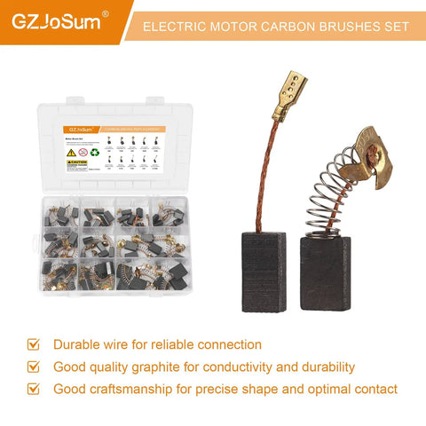 60 Pack Carbon Brushes Set For Power Tools Must Have 10 Size Assortment In Plastic Storage Box Replacement Parts For Electric Hammer Drills, Angle Grinders, Circular Table Saws And More displayed with focus on box and individual brush.