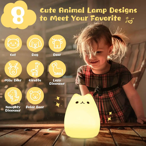 Girl with Adorable Cat Shaped Night Light For Kids Who Love Cozy Vibes Silicone USB Rechargeable Multicolor LED Lamp With 7 Color Modes