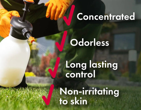 Person wearing gloves spraying lawn with Powerful Bifenthrin Insecticide For Indoor And Outdoor Use 16 Ounce Quick On Contact Killer.