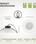 Diagram showing specifications of 8 Inch Canless LED Downlight Kit With Power Adjustable 12W 20W 30W Dimmable Recessed Ceiling Light