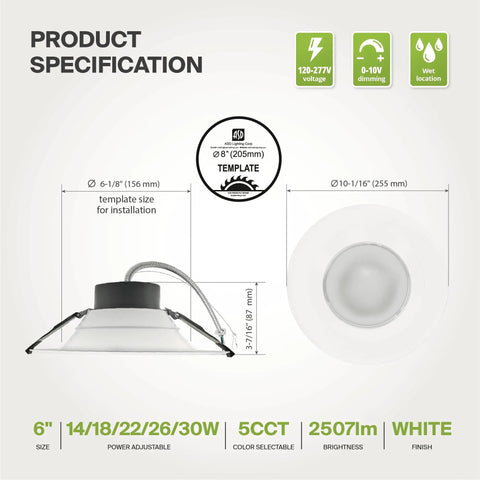 Diagram showing specifications of 8 Inch Canless LED Downlight Kit With Power Adjustable 12W 20W 30W Dimmable Recessed Ceiling Light