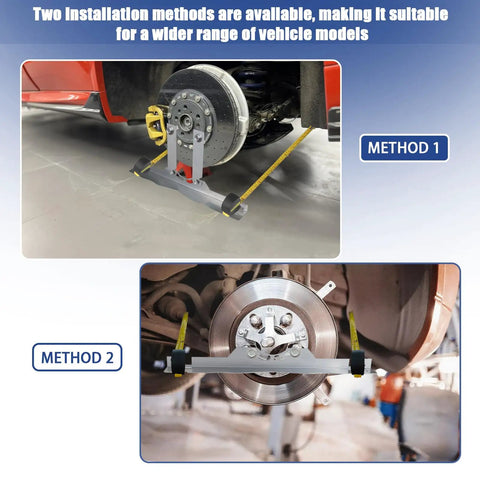 Precision Wheel Alignment Tool Kit With Two Pack Calibration Plates And Dual Measure Tape Straight Up Diy Automotive Gauge in use.