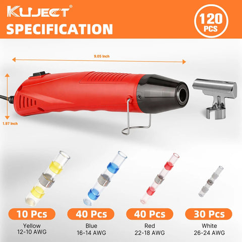 Mini Heat Gun For Wire Connectors And Heat Shrink Tubing, 350W Dual Temp 482F 752F, Solder Seal Kit with accessories display