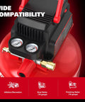 Portable Pancake Air Compressor With A Roomy Three Gallon Oil Free Tank And Heavy Duty 110 Psi Rating Shows Up Fully Loaded With An 11 Piece Accessory Kit For Quick Workshop Setups And Weekend Power Tool Hookups with dual pressure gauges.