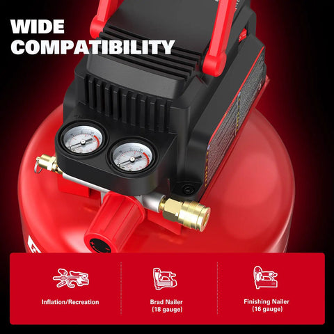 Portable Pancake Air Compressor With A Roomy Three Gallon Oil Free Tank And Heavy Duty 110 Psi Rating Shows Up Fully Loaded With An 11 Piece Accessory Kit For Quick Workshop Setups And Weekend Power Tool Hookups with dual pressure gauges.