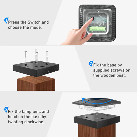 Installation guide for Two Pack Solar Post Cap Lights For Outdoor Fences Deck Waterproof Led Railing Caps with Adjustable Brightness.