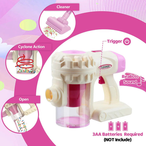 3 In 1 Kids Vacuum Toy With Gentle Realistic Suction For Toddlers, pink, with cleaner head and foam balls shown