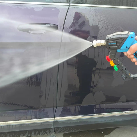 Adjustable High Power Pressure Washer Gun With Swivel Length Options 37, 24, and 10 Inches cleaning a car side