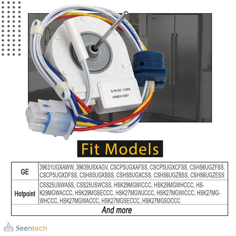 Evaporator Fan Motor Replacement For GE Hotpoint Refrigerators WR60X10307 with wiring, compatible model list shown