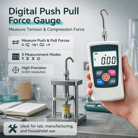 Digital Force Gauge Go To Tool For Real Time Peak And First Peak Measurements High Precision Push Pull Meter For Tension And Compression Testing Ideal For Quality Control And Material Testing In N Kg Lb Oz. handheld force gauge with metal hook and compression test stand