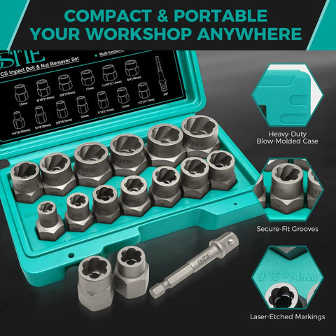 Impact Bolt Extractor Set For Stripped Rounded Bolts And Lug Nuts, Three-Eighths Inch Drive, 42CrMo Steel Nut Remover Kit