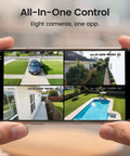 Real Deal Eight Cam Wireless Outdoor Security Camera System Beast Grade Solar Powered Surveillance Kit showing app with four live views.