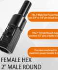 2 Inch Female Hex To 2 Inch Male Round Auger Bit Converter Adapter For Auger, Skid Steer Loader, Tractor And Implements, Beefed Up Heavy Duty Universal Drive Link Between Hex And Round Bits with specifications shown