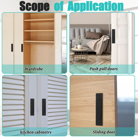 Two Pack Invisible Rectangular Recessed Drawer Pulls For Cabinets And Closets Pocket Sliding Closet Door Handle Finger Hidden Flush Hardware Matte Black 5.9 Inch Length 4.7 Inch Center Hole Spacing Includes Screws shown in various applications