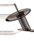 Oil Rubbed Bronze Waterfall Bathroom Sink Faucet With Brass Modern Circle Glass Disk Rinser, side view showing glass disk.