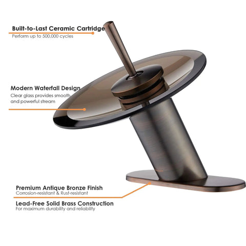 Oil Rubbed Bronze Waterfall Bathroom Sink Faucet With Brass Modern Circle Glass Disk Rinser, side view showing glass disk.