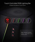 Close-up of GS520 RGB Desktop Speakers 2.0 Channel PC Computer Stereo System with touch controls and LED lighting modes.