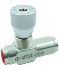 Metal needle valve with knurled silver adjustment knob, 3/8 in NPT hydraulic flow control, red inlet cap
