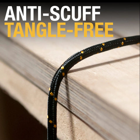 Close-up of Beefy Heavy Duty 3 in 1 Charging Cable 6 ft with anti-scuff, tangle-free design on wooden surface.