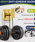 Heavy Duty Self Adhesive Wall Hooks Built Different, Stainless Steel Sticky Towel Holder With Knockout Grip For Bathroom Shower Or Kitchen, Hang Heavy Coats Without A Sweat, Gold Finish, 2 Pack mounted with black weights.