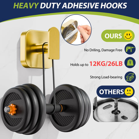 Heavy Duty Self Adhesive Wall Hooks Built Different, Stainless Steel Sticky Towel Holder With Knockout Grip For Bathroom Shower Or Kitchen, Hang Heavy Coats Without A Sweat, Gold Finish, 2 Pack mounted with black weights.