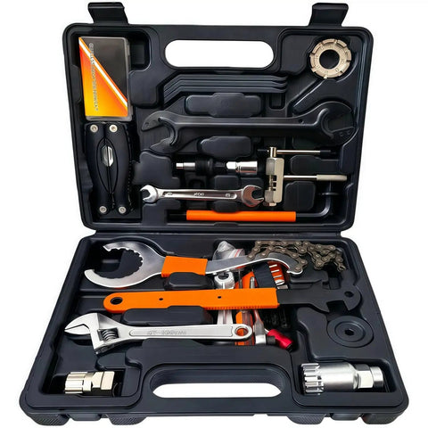 All In One Pro Grade Bike Repair Tool Kit With Hard Case For Mountain And Road Bikes, Complete Maintenance Set, open case view.