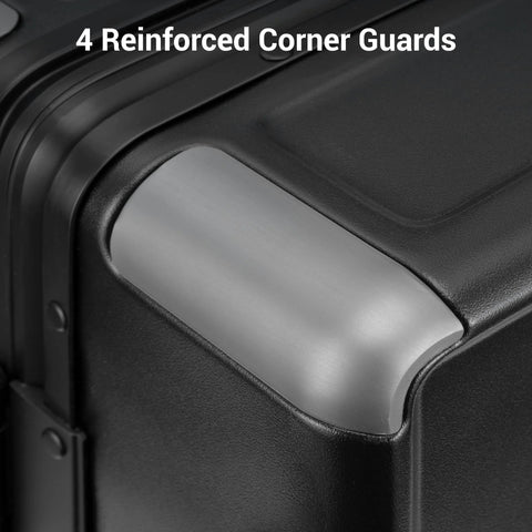Carry-on luggage close-up: 20-inch black hard-shell suitcase with metal corner guard.