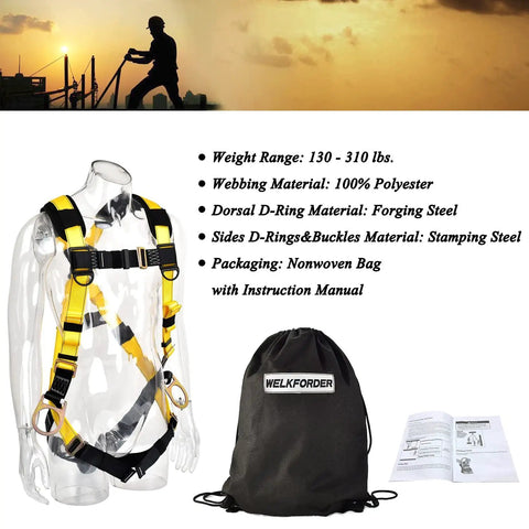 3D Ring Full Body Fall Protection Safety Harness, ANSI/ASSE Z359.11-2021 Compliant, visible with packaging and manual.